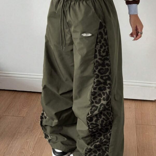 Elorivane Women Black Leopard Patchwork Parachute Pants, Baggy Preppy Hippie Streetwear Trousers