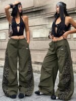 Elorivane Women Black Leopard Patchwork Parachute Pants, Baggy Preppy Hippie Streetwear Trousers - Image 2