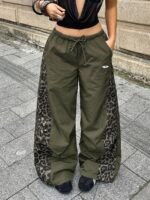 Elorivane Women Black Leopard Patchwork Parachute Pants, Baggy Preppy Hippie Streetwear Trousers - Image 3
