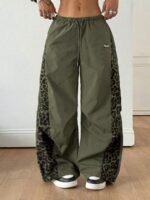 Elorivane Women Black Leopard Patchwork Parachute Pants, Baggy Preppy Hippie Streetwear Trousers - Image 4