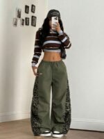 Elorivane Women Black Leopard Patchwork Parachute Pants, Baggy Preppy Hippie Streetwear Trousers - Image 5