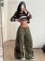 Elorivane Women Black Leopard Patchwork Parachute Pants, Baggy Preppy Hippie Streetwear Trousers - Image 6