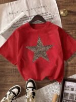 Elorivane Women's Leopard & Star Graphic Tee, Round Neck Casual Short Sleeve Summer T-Shirt - Image 26
