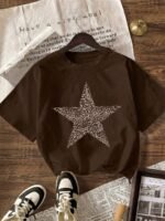 Elorivane Women's Leopard & Star Graphic Tee, Round Neck Casual Short Sleeve Summer T-Shirt - Image 19