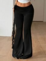 Elorivane Women Black Ribbon Ruffle Flare Pants, Stretchy Knit Fairycore Boho Vacation Trousers - Image 5