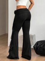 Elorivane Women Black Ribbon Ruffle Flare Pants, Stretchy Knit Fairycore Boho Vacation Trousers - Image 6