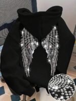 Elorivane Women's Black Glitter Hoodie, Rhinestone Wing Design Cute Casual Sweatshirt for Autumn Back To School
