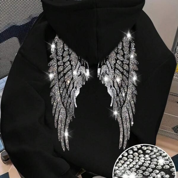 Elorivane Women's Black Glitter Hoodie, Rhinestone Wing Design Cute Casual Sweatshirt for Autumn Back To School