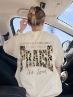 Elorivane Women's Praise The Lord Leopard Print Tee, Christian Casual Summer