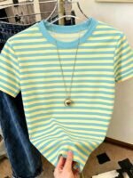Elorivane Women's Pink-Brown Striped Y2K Tee, Casual Summer - Image 25
