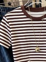 Elorivane Women's Pink-Brown Striped Y2K Tee, Casual Summer - Image 65