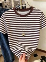Elorivane Women's Pink-Brown Striped Y2K Tee, Casual Summer - Image 62