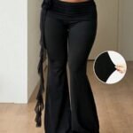 Elorivane Women Black Ribbon Ruffle Flare Pants, Stretchy Knit Fairycore Boho Vacation Trousers