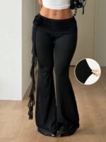 Elorivane Women Black Ribbon Ruffle Flare Pants, Stretchy Knit Fairycore Boho Vacation Trousers