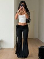Elorivane Women Black Ribbon Ruffle Flare Pants, Stretchy Knit Fairycore Boho Vacation Trousers - Image 2