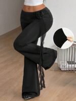 Elorivane Women Black Ribbon Ruffle Flare Pants, Stretchy Knit Fairycore Boho Vacation Trousers - Image 3
