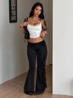Elorivane Women Black Ribbon Ruffle Flare Pants, Stretchy Knit Fairycore Boho Vacation Trousers - Image 4