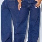Elorivane Women's Low Waist Wide Leg Blue Jeans, Curved Hem Casual Denim