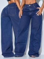 Elorivane Women's Low Waist Wide Leg Blue Jeans, Curved Hem Casual Denim