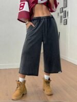 Elorivane Women Charcoal Gray Washed Shorts, Baggy Elastic Waist Cowgirl Vintage Athleisure Streetwear - Image 4