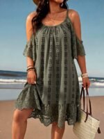 Elorivane Plus Size Lace Striped Retro Print Midi Dress Scoop Neck Cold Shoulder Short Sleeve Lace Strap Casual Vacation Dress - Image 4