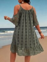 Elorivane Plus Size Lace Striped Retro Print Midi Dress Scoop Neck Cold Shoulder Short Sleeve Lace Strap Casual Vacation Dress - Image 2