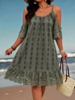 Elorivane Plus Size Lace Striped Retro Print Midi Dress Scoop Neck Cold Shoulder Short Sleeve Lace Strap Casual Vacation Dress - Image 3