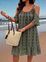 Elorivane Plus Size Lace Striped Retro Print Midi Dress Scoop Neck Cold Shoulder Short Sleeve Lace Strap Casual Vacation Dress