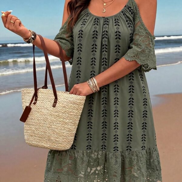 Elorivane Plus Size Lace Striped Retro Print Midi Dress Scoop Neck Cold Shoulder Short Sleeve Lace Strap Casual Vacation Dress