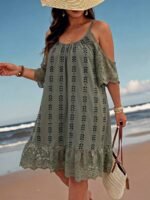 Elorivane Plus Size Lace Striped Retro Print Midi Dress Scoop Neck Cold Shoulder Short Sleeve Lace Strap Casual Vacation Dress - Image 5