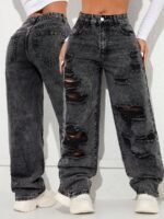 Elorivane Black Straight Leg Jeans, Y2K Rave Vintage, High Waist Side Pocket Slit, Casual Spring Fall Pants - Image 22