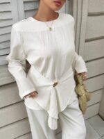 Elorivane Plus Size White Blouse, Textured Waist-Cinching Gold Decor Long Sleeve Commuter Resort Top - Image 6