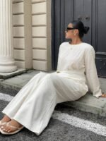 Elorivane Plus Size White Blouse, Textured Waist-Cinching Gold Decor Long Sleeve Commuter Resort Top - Image 2