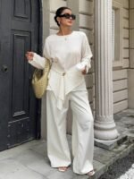 Elorivane Plus Size White Blouse, Textured Waist-Cinching Gold Decor Long Sleeve Commuter Resort Top - Image 4