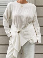 Elorivane Plus Size White Blouse, Textured Waist-Cinching Gold Decor Long Sleeve Commuter Resort Top - Image 5