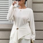 Elorivane Plus Size White Blouse, Textured Waist-Cinching Gold Decor Long Sleeve Commuter Resort Top