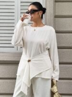 Elorivane Plus Size White Blouse, Textured Waist-Cinching Gold Decor Long Sleeve Commuter Resort Top