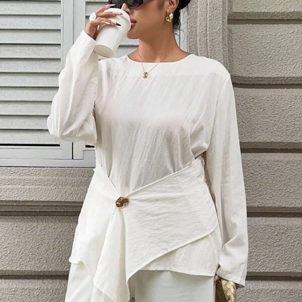 Elorivane Plus Size White Blouse, Textured Waist-Cinching Gold Decor Long Sleeve Commuter Resort Top