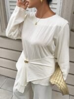Elorivane Plus Size White Blouse, Textured Waist-Cinching Gold Decor Long Sleeve Commuter Resort Top - Image 7