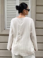 Elorivane Plus Size White Blouse, Textured Waist-Cinching Gold Decor Long Sleeve Commuter Resort Top - Image 8