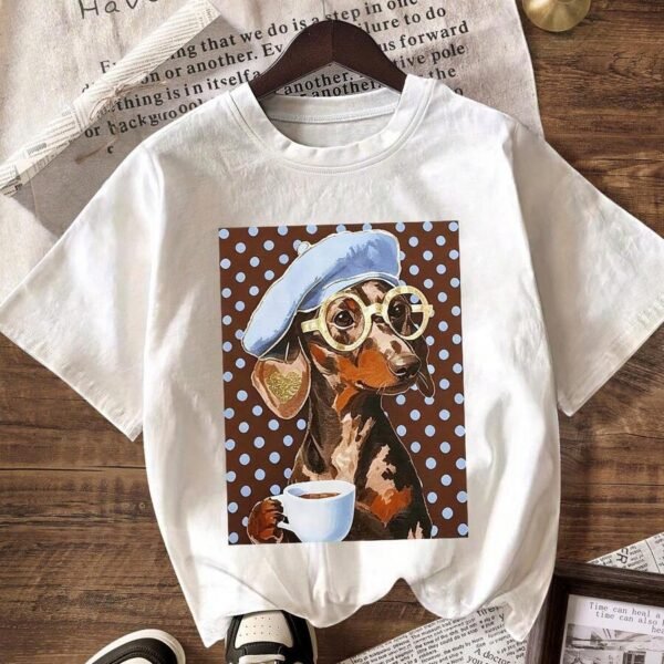 Elorivane Women's Polka Dot Dachshund Tee, Casual Minimalist Summer
