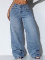 Elorivane Women's Low-Waist Wide Leg Blue Jeans, Curved Hem Casual Fall Denim - Image 11