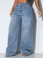Elorivane Women's Low-Waist Wide Leg Blue Jeans, Curved Hem Casual Fall Denim - Image 8