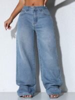 Elorivane Women's Low-Waist Wide Leg Blue Jeans, Curved Hem Casual Fall Denim - Image 13