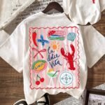 Elorivane Women's Striped Lobster Graphic Tee, Round Neck Casual Summer Vacation