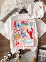 Elorivane Women's Striped Lobster Graphic Tee, Round Neck Casual Summer Vacation