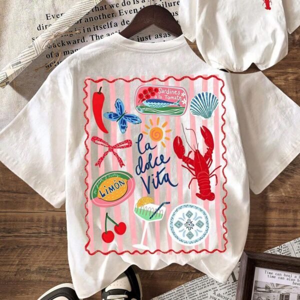 Elorivane Women's Striped Lobster Graphic Tee, Round Neck Casual Summer Vacation