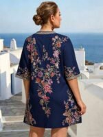 Elorivane Plus Size Women Summer Short Sleeve Floral Print Dress, Patchwork Lace Trim, Resort Wear Casual Holiday Embroidered Beach Vacation Black - Image 18