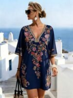 Elorivane Plus Size Women Summer Short Sleeve Floral Print Dress, Patchwork Lace Trim, Resort Wear Casual Holiday Embroidered Beach Vacation Black - Image 20