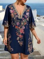 Elorivane Plus Size Women Summer Short Sleeve Floral Print Dress, Patchwork Lace Trim, Resort Wear Casual Holiday Embroidered Beach Vacation Black - Image 21